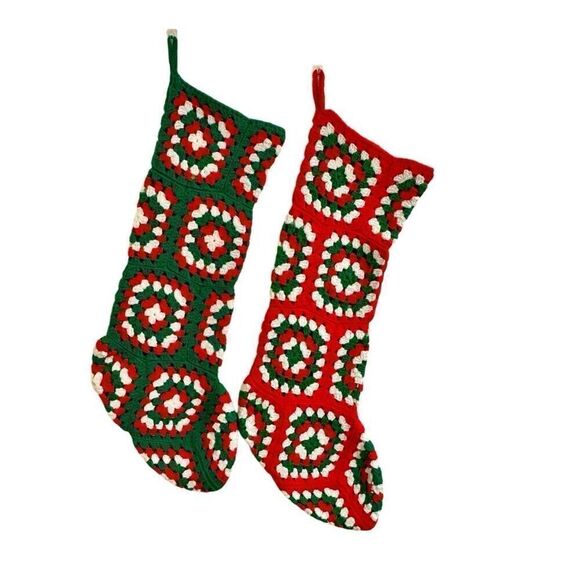 Handmade Granny Square Christmas Stocking Set of 2 XL Vintage Green Red White - Picture 2 of 5